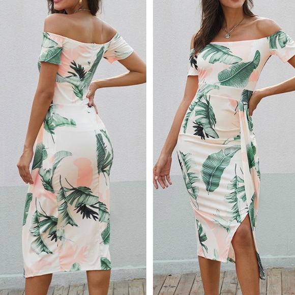 Fun cocktail dress! Leaf print Tropcial white - Picture 3 of 7